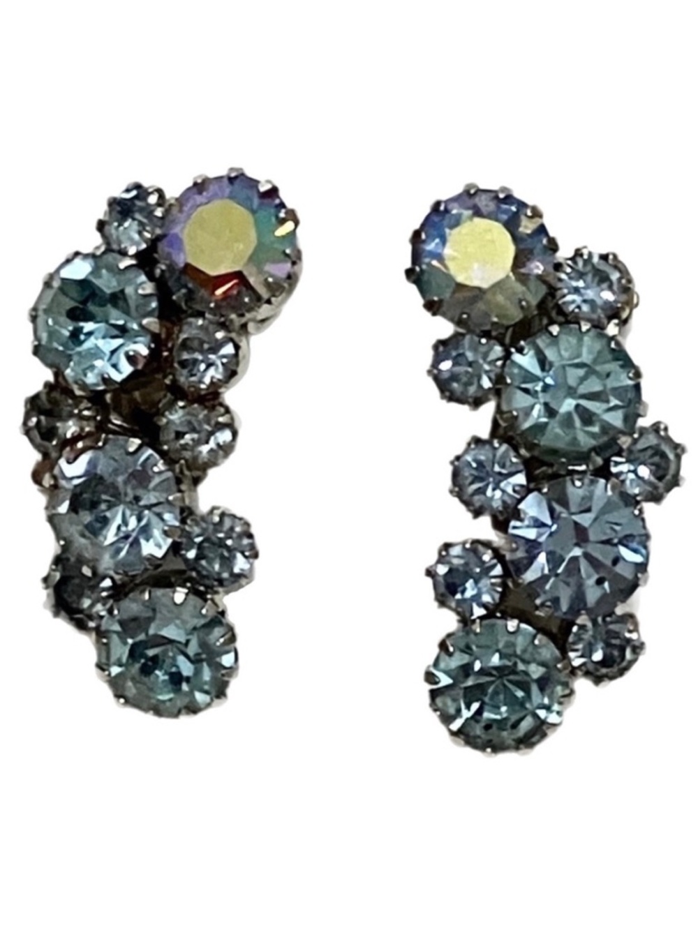 Vintage Karu Arke Blue and AB Rhinestone Clip Earrings
